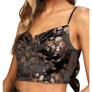 Lulu's Black Floral Satin Top NWT